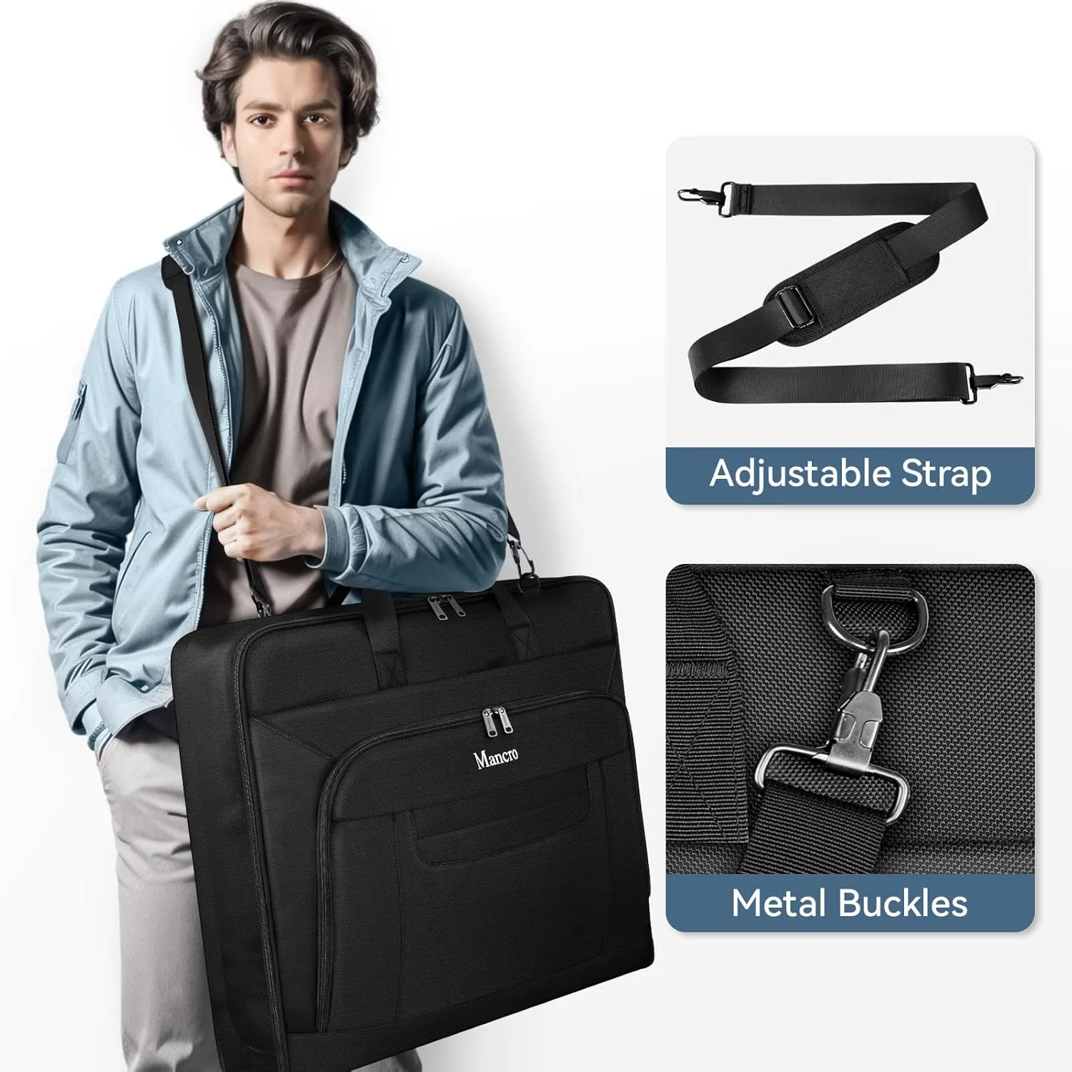 Garment Bags for Travel, Carry On Garment Bag for Business Trips with Shoulder Strap, Mancro Waterproof Foldable Luggage Hanging Suit Bags Gift for Men Women, 2 in 1 Suitcase for Coats, Suits (Black)