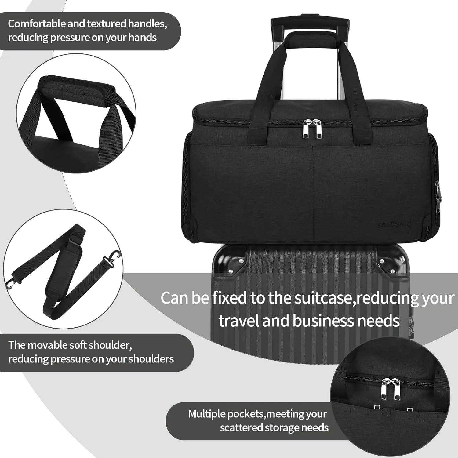 Garment Bags for Travel, Convertible Carry on Garment Bag with Shoe Compartment, SOLOSAIC Garment Duffle Bags for Travel for Men Women, 2 in 1 Hanging Dress Suitcase Suit Bag with Toiletry Bag, Black