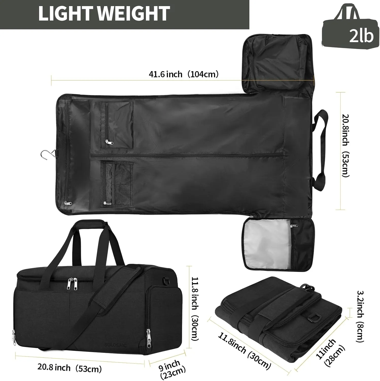 Garment Bags for Travel, Convertible Carry on Garment Bag with Shoe Compartment, SOLOSAIC Garment Duffle Bags for Travel for Men Women, 2 in 1 Hanging Dress Suitcase Suit Bag with Toiletry Bag, Black