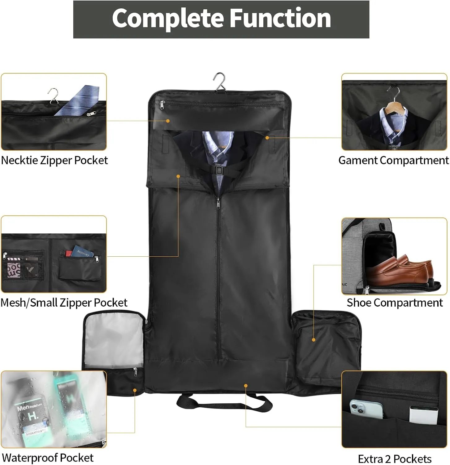 Garment Bags for Travel, Convertible Carry on Garment Bag with Shoe Compartment, SOLOSAIC Garment Duffle Bags for Travel for Men Women, 2 in 1 Hanging Dress Suitcase Suit Bag with Toiletry Bag, Black