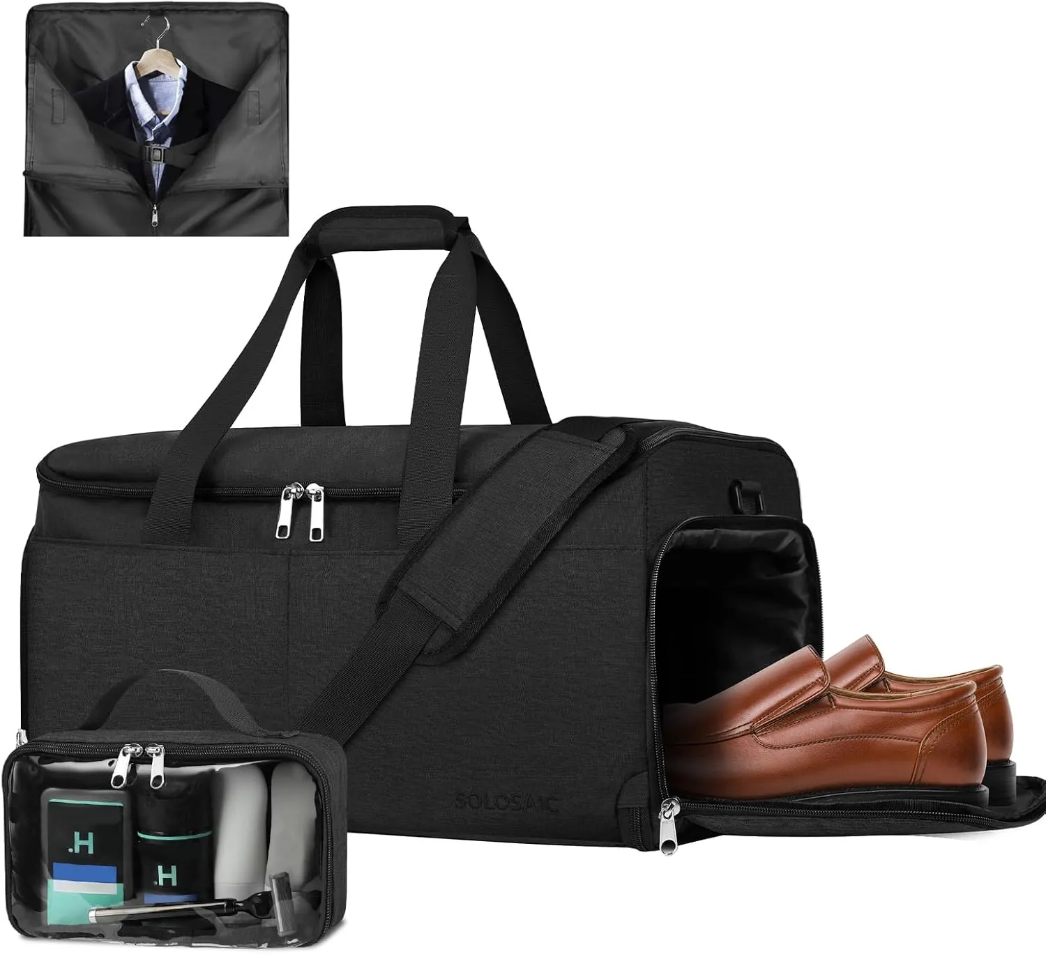 Garment Bags for Travel, Convertible Carry on Garment Bag with Shoe Compartment, SOLOSAIC Garment Duffle Bags for Travel for Men Women, 2 in 1 Hanging Dress Suitcase Suit Bag with Toiletry Bag, Black