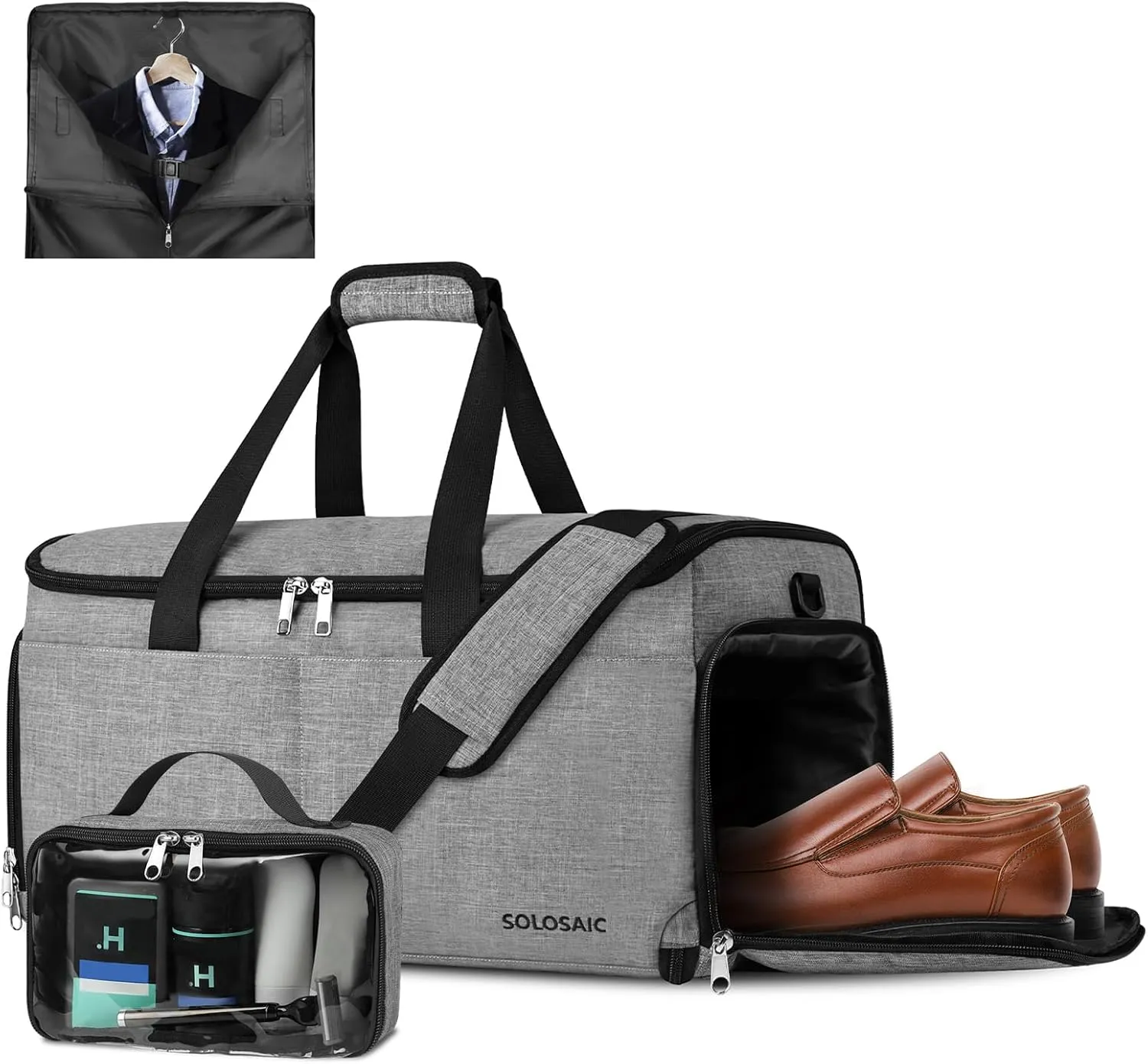 Garment Bags for Travel, Convertible Carry on Garment Bag with Shoe Compartment, SOLOSAIC Garment Duffle Bags for Travel for Men Women, 2 in 1 Hanging Dress Suitcase Suit Bag with Toiletry Bag, Grey