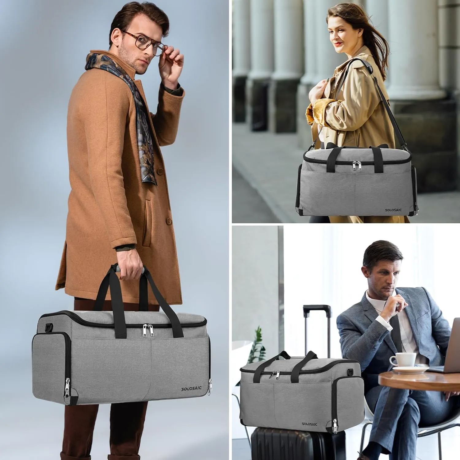 Garment Bags for Travel, Convertible Carry on Garment Bag with Shoe Compartment, SOLOSAIC Garment Duffle Bags for Travel for Men Women, 2 in 1 Hanging Dress Suitcase Suit Bag with Toiletry Bag, Grey
