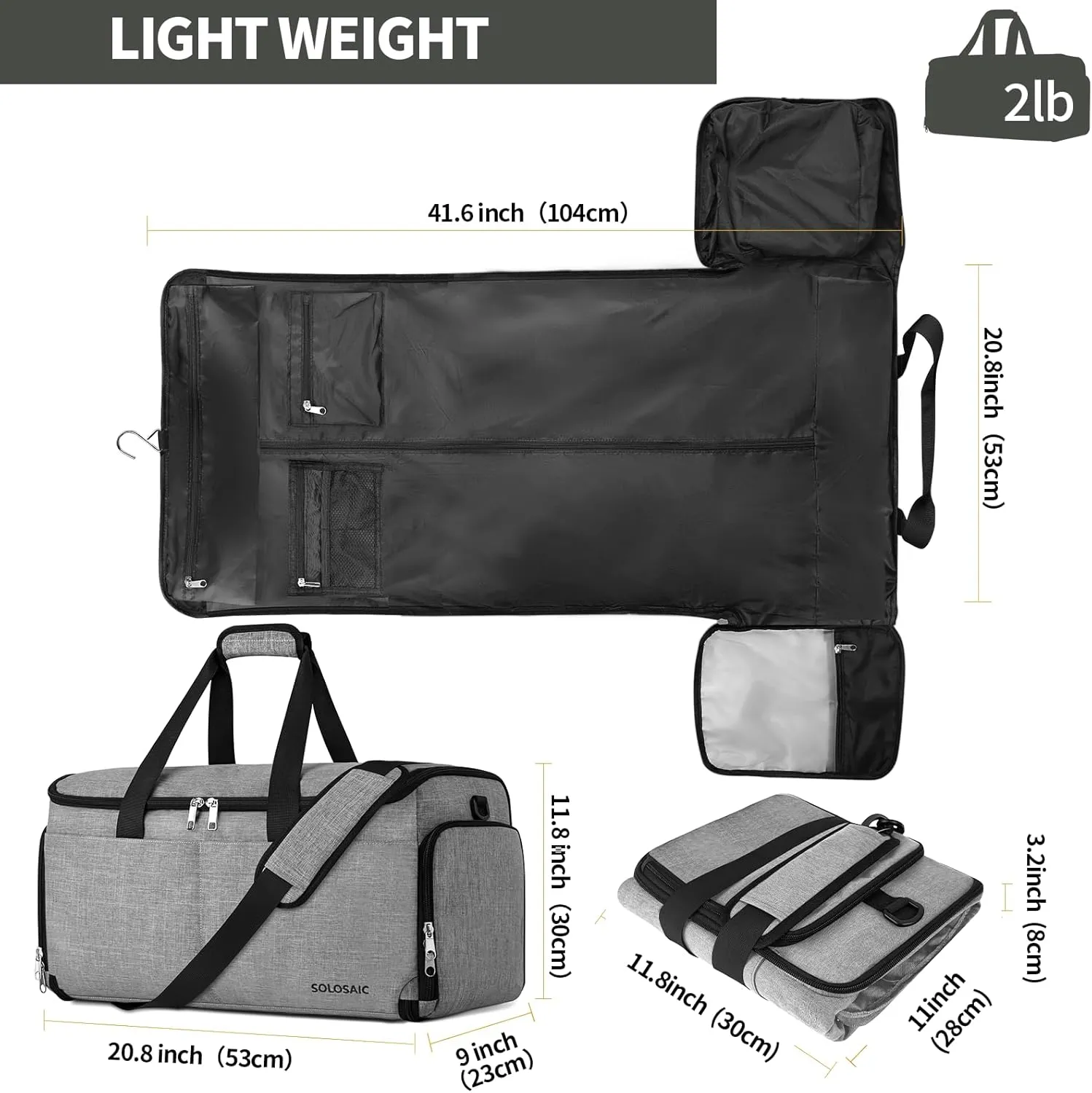 Garment Bags for Travel, Convertible Carry on Garment Bag with Shoe Compartment, SOLOSAIC Garment Duffle Bags for Travel for Men Women, 2 in 1 Hanging Dress Suitcase Suit Bag with Toiletry Bag, Grey
