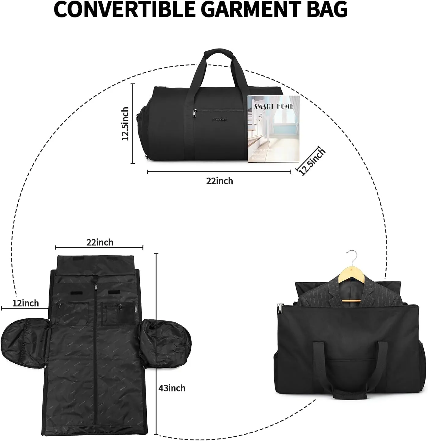 Garment Bags for Travel, Convertible Carry On Garment Weekender Bag Duffel Bag with Shoe Pouch 2 in 1 Hanging Suitcase Suit Travel Bags Duffel Bag for Men Black