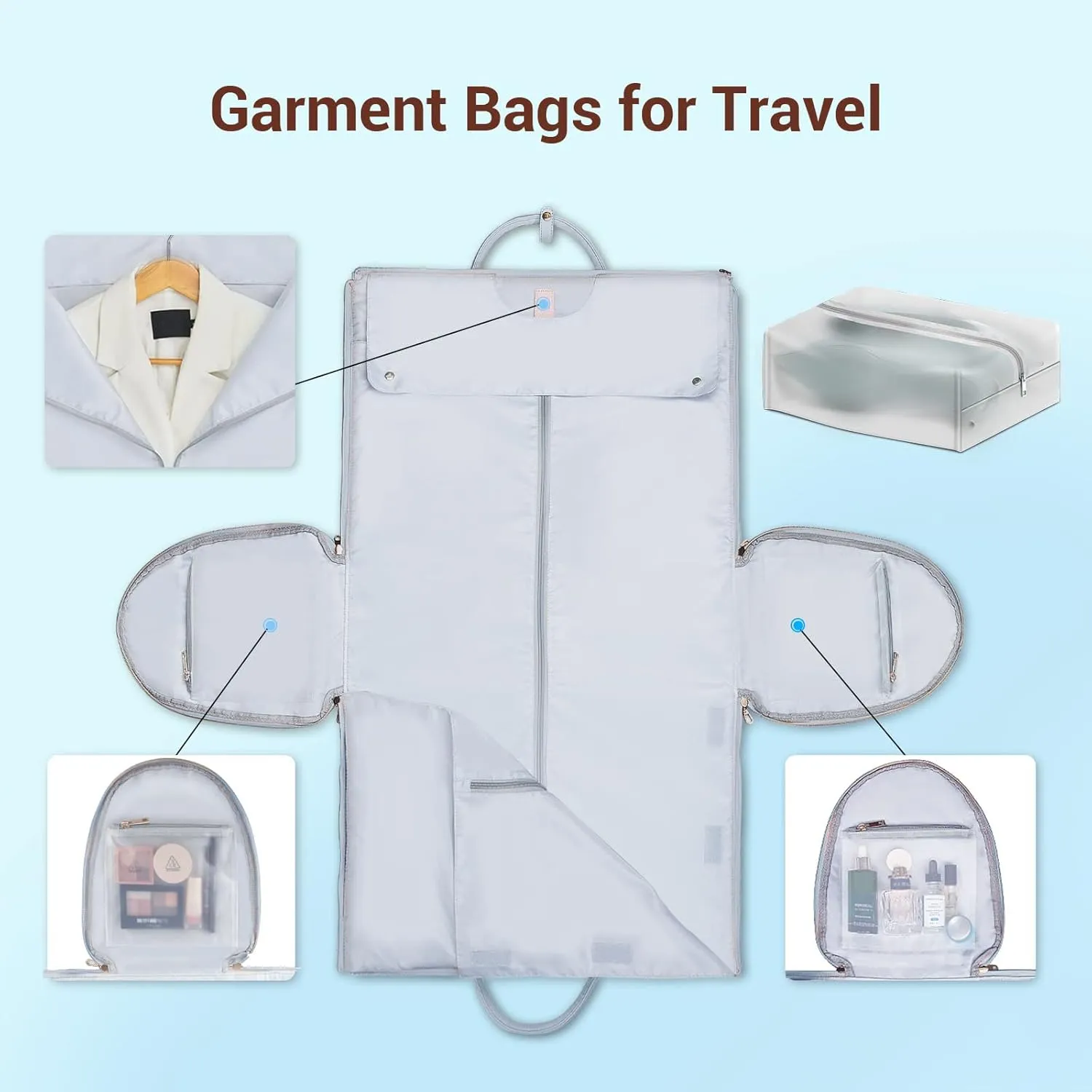 Garment Bags for Travel, Convertible Suit Travel Bag for Women, Stylish Carry On Garment Bag with Toiletry Pocket, Shoulder Strap and Shoes Compartment, 2 in 1 Foldable PU Leather Duffle Bag, Blue