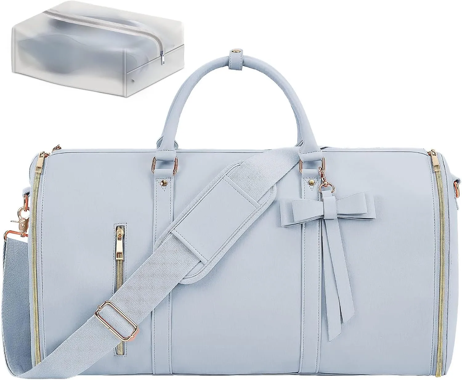 Garment Bags for Travel, Convertible Suit Travel Bag for Women, Stylish Carry On Garment Bag with Toiletry Pocket, Shoulder Strap and Shoes Compartment, 2 in 1 Foldable PU Leather Duffle Bag, Blue