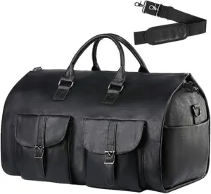 Garment Bags for Travel PU Convertible Garment Bag Multi-pocket Travel Bag with Shoulder Strap Portable Duffle for Men Women, BlackGarment