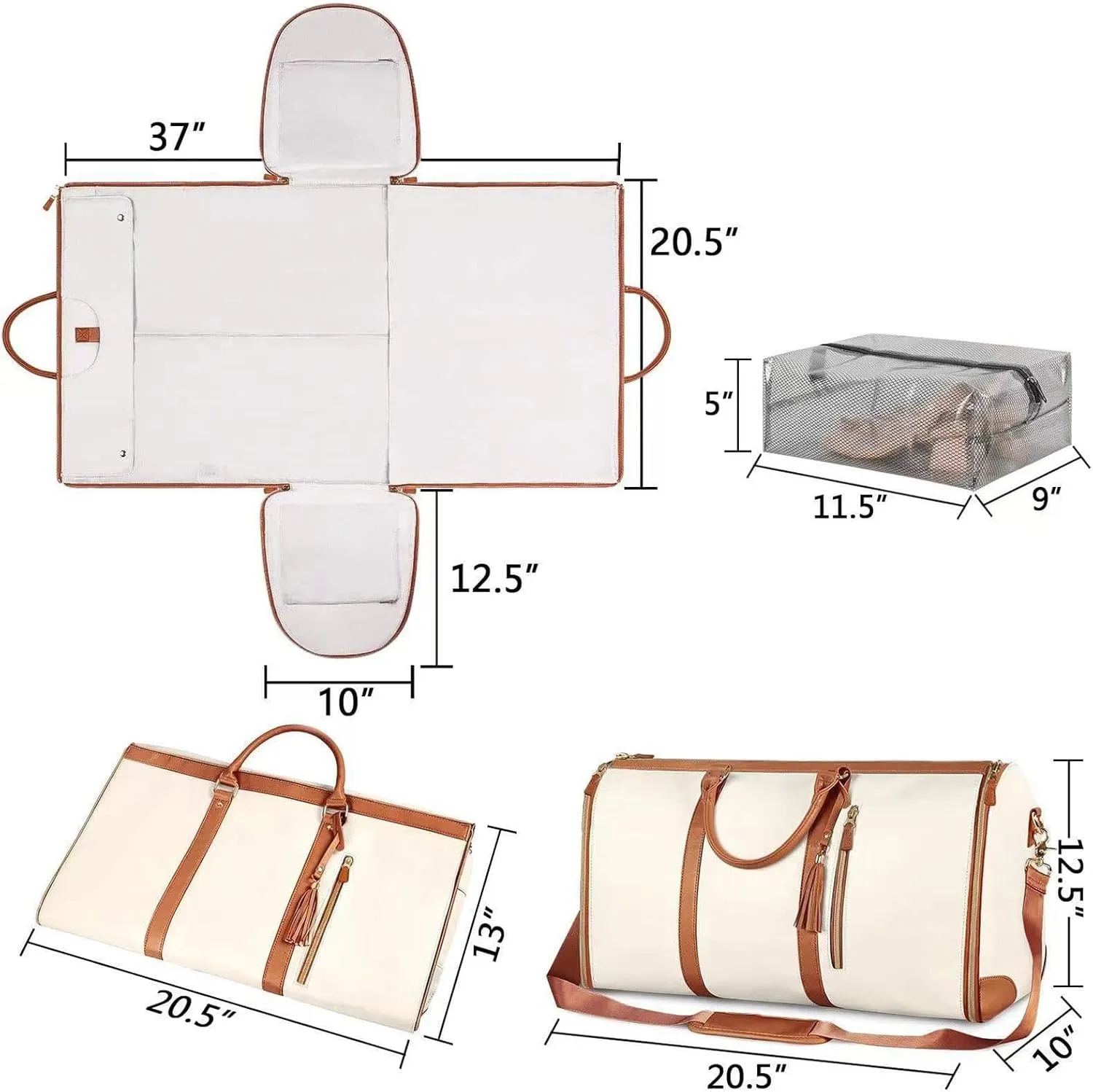 Garment Duffle Bags for Travel,Foldable Garment Duffle Bag,2 in 1 Travel Suit Duffel Bag with Detachable Shoulder Strap for Gift-White