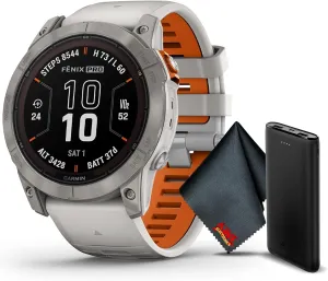 Garmin Fenix 7 Pro Sapphire Solar Edition 47 MM Titanium with Fog Gray/Ember Orange Band GPS Smartwatch Built-in Flashlight and Power Sapphire Solar Charging Lens and Advanced Training Features