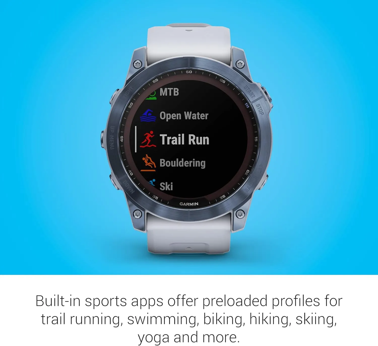 Garmin Fenix 7X Sapphire Solar, Adventure Smartwatch, w/Solar Charging Capabilities, Rugged Outdoor GPS Watch, Touchscreen, Wellness Features, Mineral Blue Titanium w/Whitestone Band (Renewed)