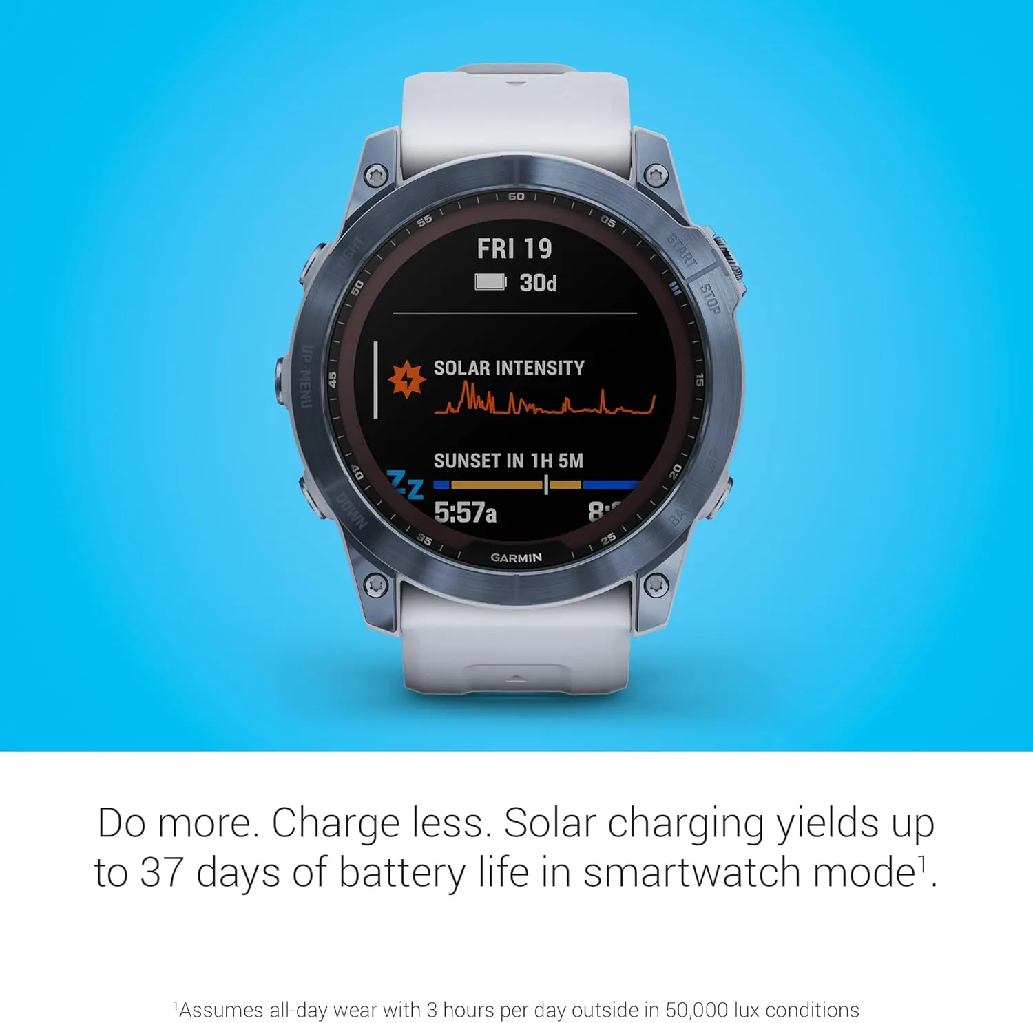 Garmin Fenix 7X Sapphire Solar, Adventure Smartwatch, w/Solar Charging Capabilities, Rugged Outdoor GPS Watch, Touchscreen, Wellness Features, Mineral Blue Titanium w/Whitestone Band (Renewed)
