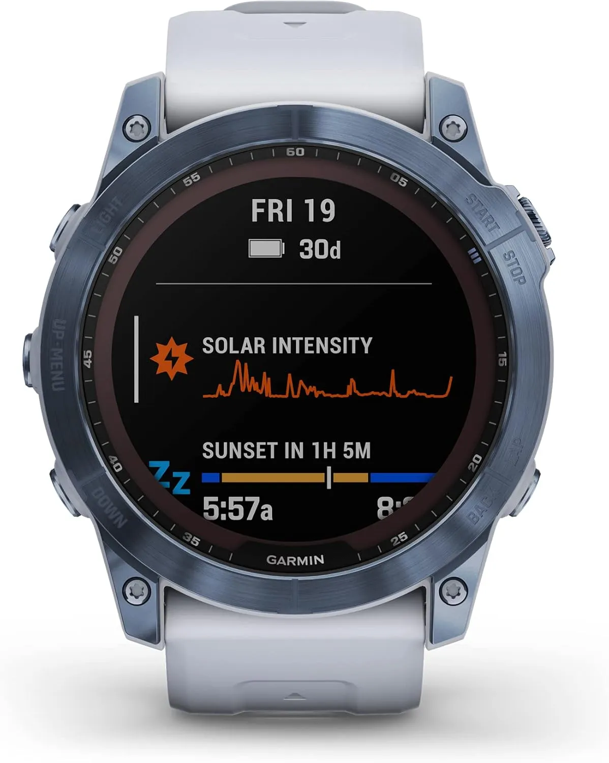 Garmin Fenix 7X Sapphire Solar, Adventure Smartwatch, w/Solar Charging Capabilities, Rugged Outdoor GPS Watch, Touchscreen, Wellness Features, Mineral Blue Titanium w/Whitestone Band (Renewed)