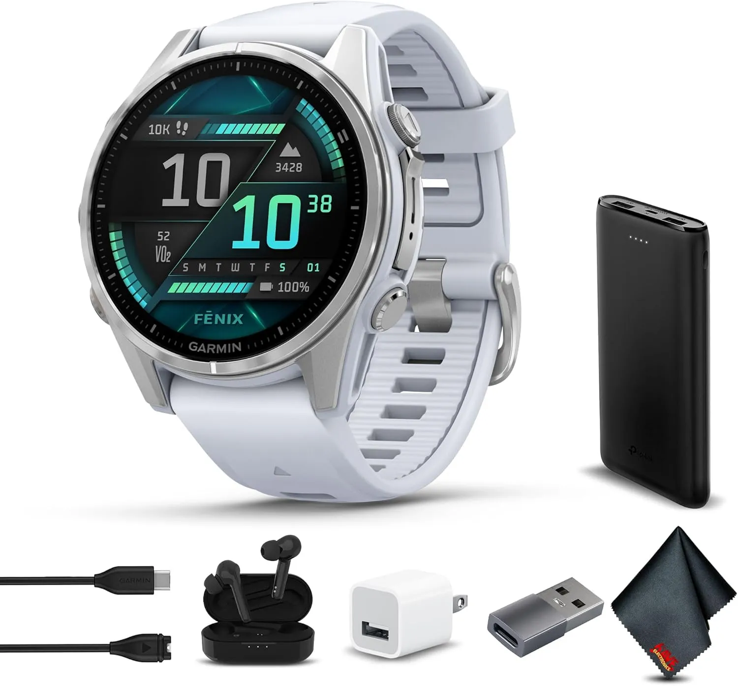 Garmin Fenix 8 43MM AMOLED Sapphire Multisport GPS Smartwatch Silver with Whitestone Silicone Band, Built-in LED Flashlight, Fitness Smart Watch Bundle for Men & Women