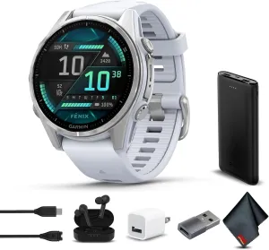 Garmin Fenix 8 43MM AMOLED Sapphire Multisport GPS Smartwatch Silver with Whitestone Silicone Band, Built-in LED Flashlight, Fitness Smart Watch Bundle for Men & Women
