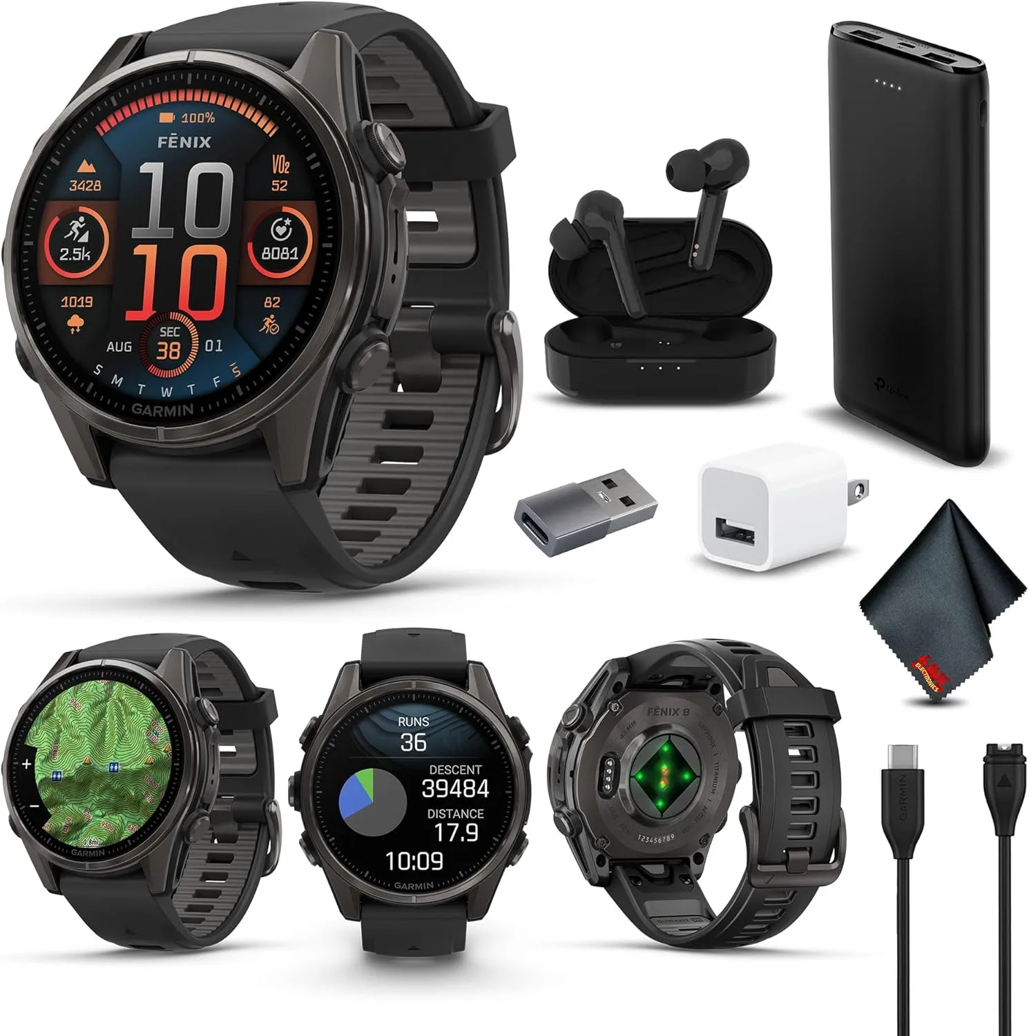Garmin Fenix 8 43MM AMOLED Sapphire Premium Multisport GPS Smartwatch Carbon Gray DLC Titanium with Black Gray Silicone Band, Built-in LED Flashlight, Fitness and Health Smart Watch Bundle for Men