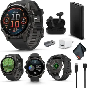 Garmin Fenix 8 43MM AMOLED Sapphire Premium Multisport GPS Smartwatch Carbon Gray DLC Titanium with Black Gray Silicone Band, Built-in LED Flashlight, Fitness and Health Smart Watch Bundle for Men