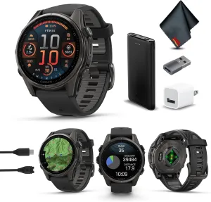 Garmin Fenix 8 43MM AMOLED Sapphire Premium Multisport GPS Smartwatch Carbon Gray DLC Titanium with Black Gray Silicone Band, LED Flashlight, Fitness & Health Smart Watch Bundle