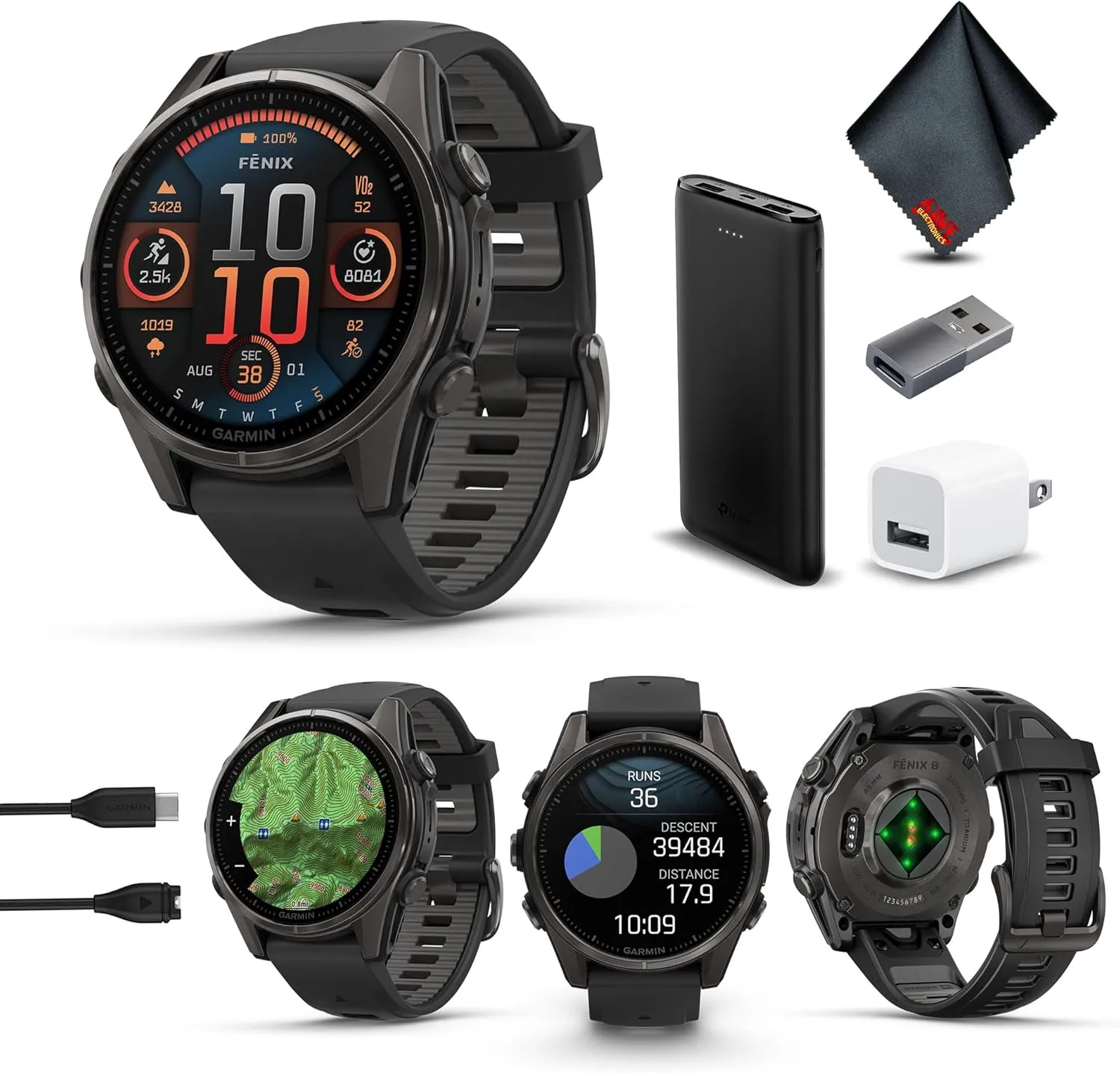 Garmin Fenix 8 43MM AMOLED Sapphire Premium Multisport GPS Smartwatch Carbon Gray DLC Titanium with Black Gray Silicone Band, LED Flashlight, Fitness & Health Smart Watch Bundle