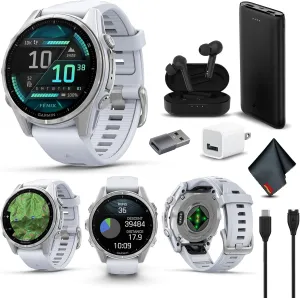Garmin Fenix 8 43MM AMOLED Sapphire Premium Multisport GPS Smartwatch Silver with Whitestone Silicone Band, Built-in LED Flashlight, Fitness & Health Smart Watch Bundle for Men & Women