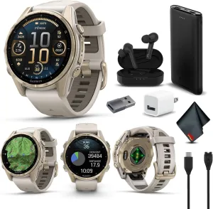 Garmin Fenix 8 43MM AMOLED Sapphire Premium Multisport GPS Smartwatch Soft Gold with Fog Gray/Sandstone Silicone Band, Built-in LED Flashlight Bundle with Accessories