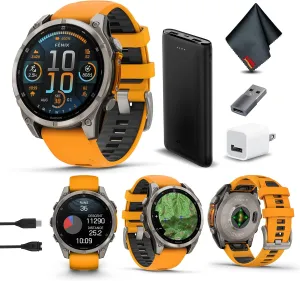 Garmin Fenix 8 47MM AMOLED Sapphire Premium Multisport GPS Smartwatch Titanium with Spark Orange/Graphite Silicone Band, Built-in LED Flashlight, Health & Fitness Smart Watch Bundle for Men & Women