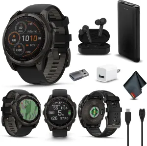 Garmin Fenix 8 47MM Solar Sapphire GPS Multisport Smartwatch Carbon Gray DLC Titanium with Black Gray Silicone Band, Built-in LED Flashlight Bundle with Accessories