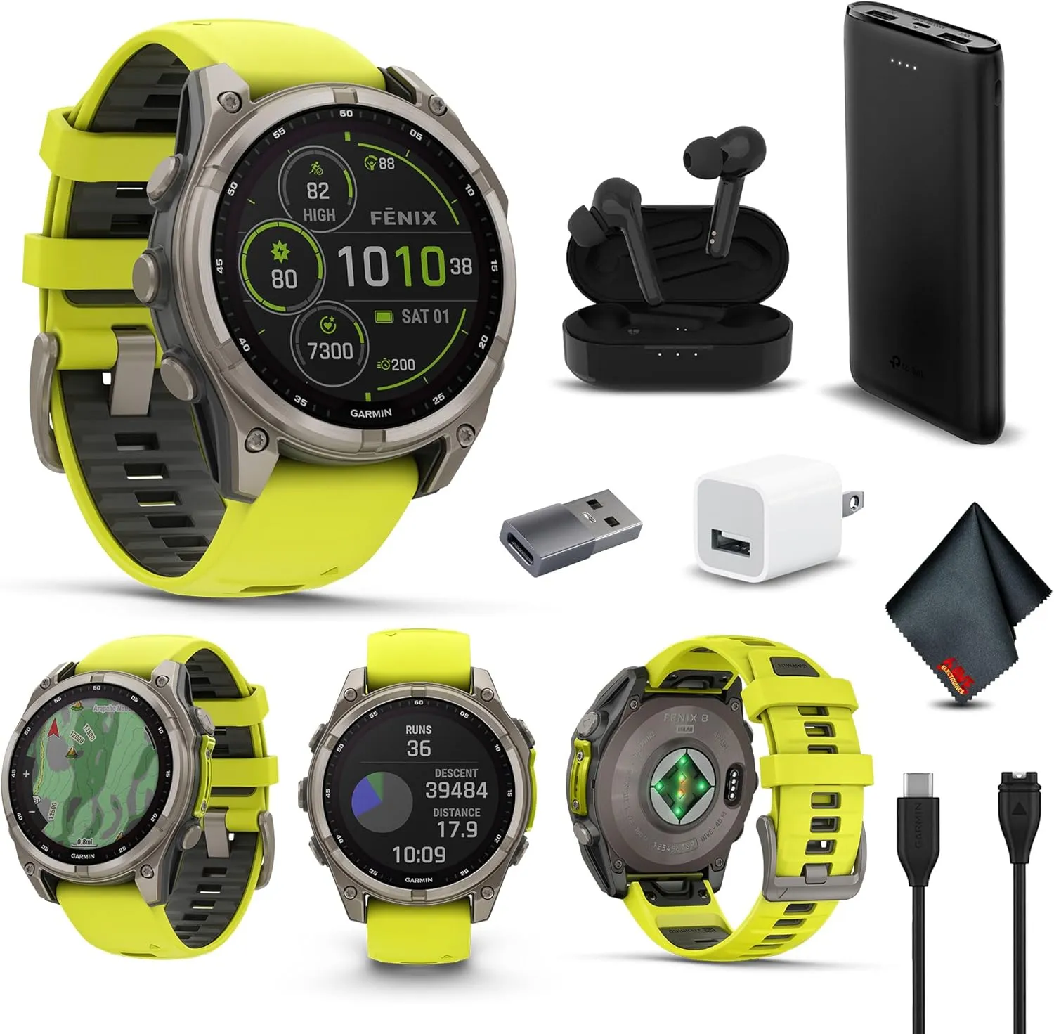 Garmin Fenix 8 47MM Solar Sapphire Multisport GPS Smartwatch Titanium with Amp Yellow Silicone Band, 48 Days Battery Life Smart Watch Pro Bundle