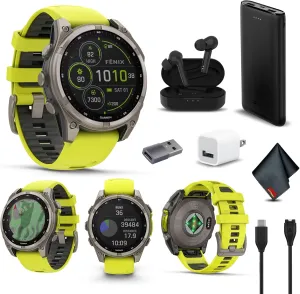 Garmin Fenix 8 47MM Solar Sapphire Multisport GPS Smartwatch Titanium with Amp Yellow Silicone Band, 48 Days Battery Life Smart Watch Pro Bundle