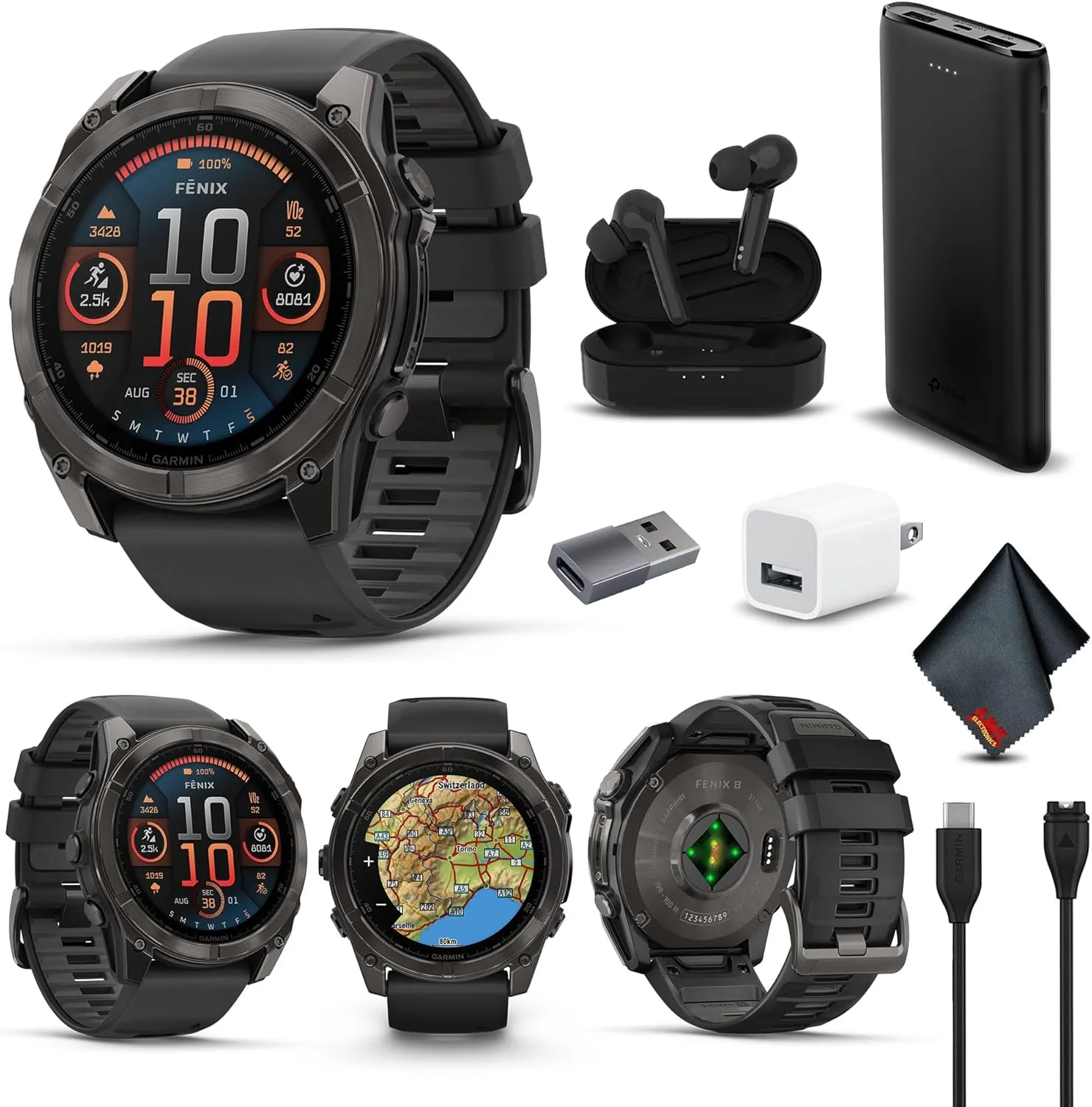 Garmin Fenix 8 51MM AMOLED Sapphire Premium Multisport GPS Smartwatch Carbon Gray DLC Titanium with Gray Silicone Band, Built-in LED Flashlight, Fitness & Health Smart Watch Bundle for Men & Women