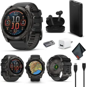 Garmin Fenix 8 51MM AMOLED Sapphire Premium Multisport GPS Smartwatch Carbon Gray DLC Titanium with Gray Silicone Band, Built-in LED Flashlight, Fitness & Health Smart Watch Bundle for Men & Women