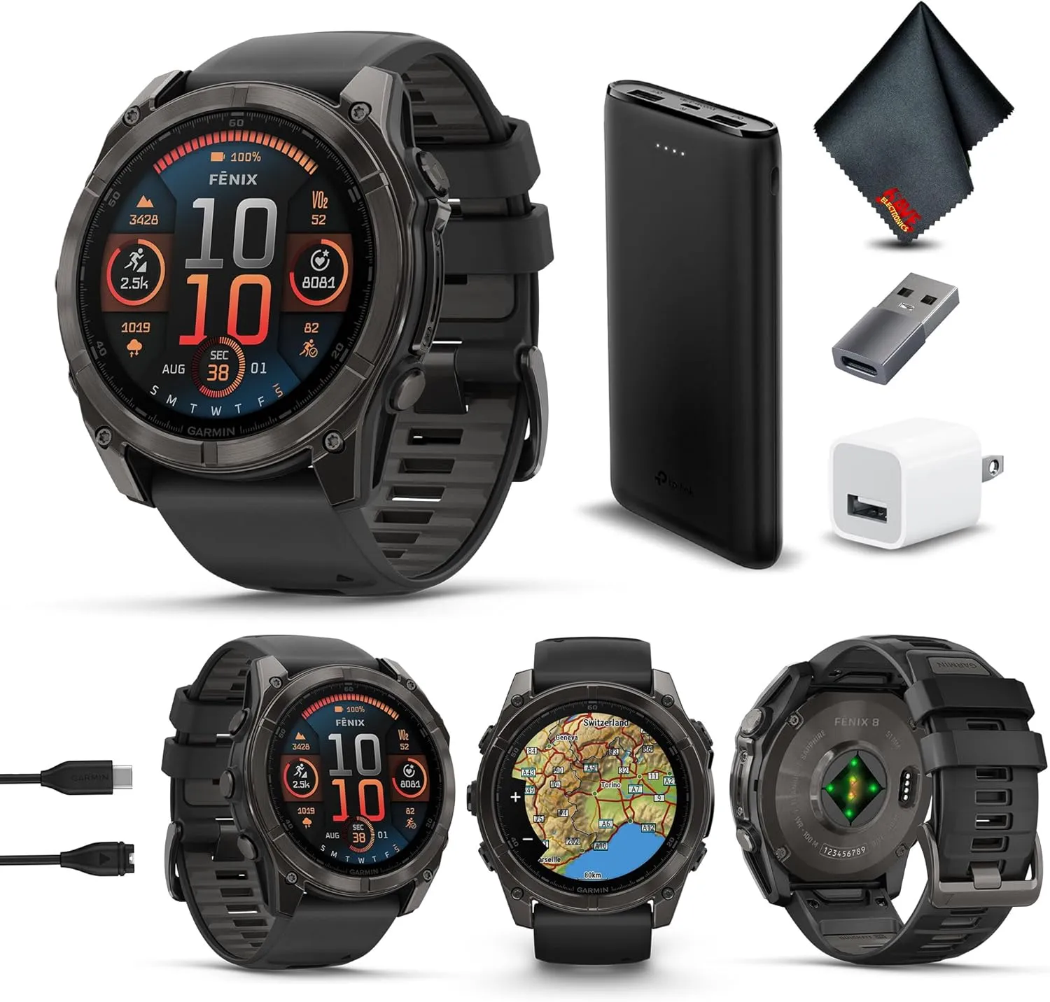Garmin Fenix 8 51MM AMOLED Sapphire Premium Multisport GPS Smartwatch Carbon Gray DLC Titanium with Gray Silicone Band, Built-in LED Flashlight, Health & Fitness Smart Watch Bundle for Men & Women