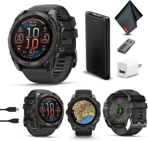 Garmin Fenix 8 51MM AMOLED Sapphire Premium Multisport GPS Smartwatch Carbon Gray DLC Titanium with Gray Silicone Band, Built-in LED Flashlight, Health & Fitness Smart Watch Bundle for Men & Women