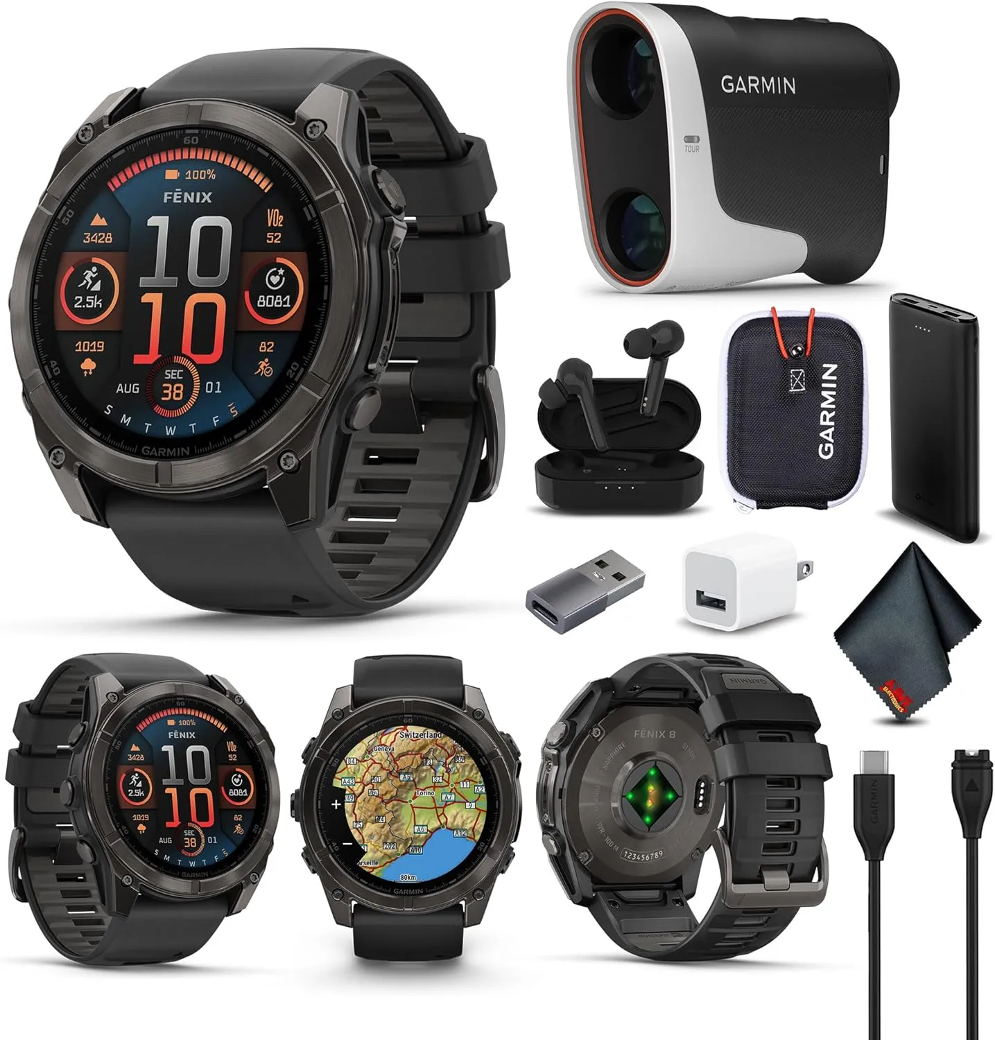 Garmin Fenix 8 51MM AMOLED Sapphire Premium Multisport GPS Smartwatch Carbon Gray DLC Titanium with Gray Silicone Band, Health & Fitness Smart Watch Bundle with Approach Z30 Golf Laser Range Finder
