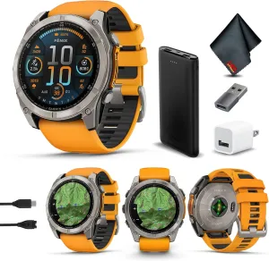 Garmin Fenix 8 51MM AMOLED Sapphire Premium Multisport GPS Smartwatch Titanium with Spark Orange/Graphite Silicone Band, Built-in LED Flashlight, Health & Fitness Smart Watch Bundle for Men & Women