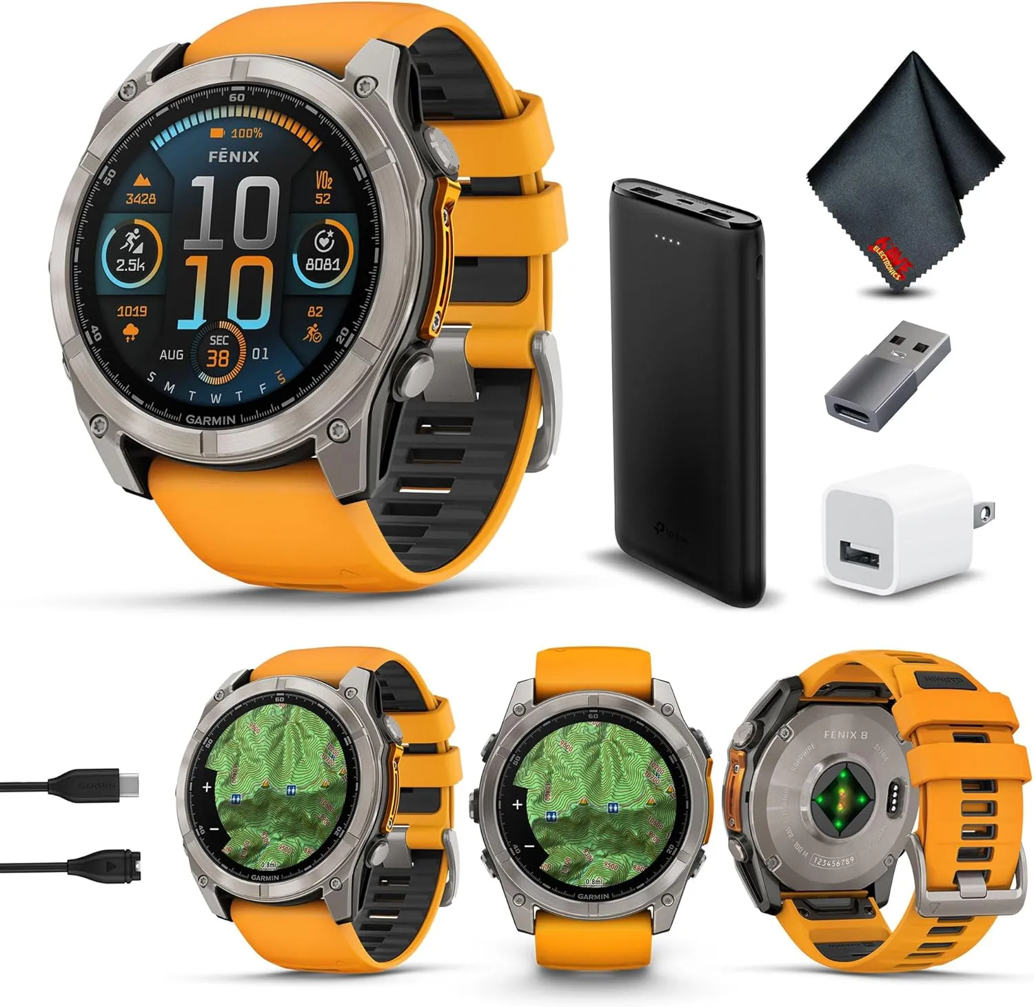 Garmin Fenix 8 51MM AMOLED Sapphire Premium Multisport GPS Smartwatch Titanium with Spark Orange/Graphite Silicone Band, Built-in LED Flashlight, Health & Fitness Smart Watch Bundle for Men & Women