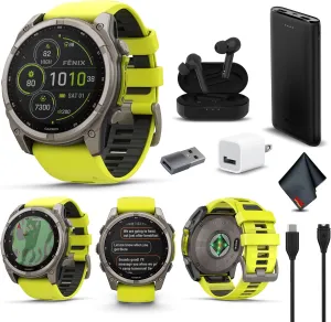 Garmin Fenix 8 51MM Solar Sapphire Multisport GPS Smartwatch Titanium with Amp Yellow Silicone Band, 48 Days Battery Life, Built-in LED Flashlight, Fitness & Health Smart Watch Bundle for Men & Women