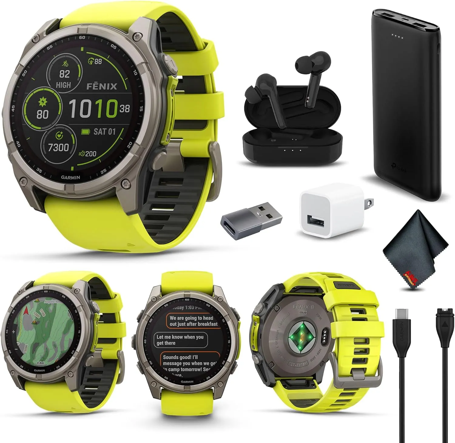 Garmin Fenix 8 51MM Solar Sapphire Multisport GPS Smartwatch Titanium with Amp Yellow Silicone Band, 48 Days Battery Life, Built-in LED Flashlight, Fitness & Health Smart Watch Bundle for Men & Women