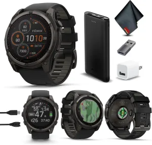 Garmin Fenix 8 51MM Solar Sapphire Premium Multisport GPS Smartwatch Carbon Gray DLC Titanium with Gray Silicone Band, Built-in LED Flashlight, Health & Fitness Smart Watch Bundle for Men & Women