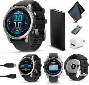 Garmin Fenix E 47MM AMOLED Premium Multisport GPS Smartwatch, 16 Days Long-Lasting Battery Life, Stainless Steel with Black Silicone Band, Health & Fitness Smart Watch Bundle for Men and Women