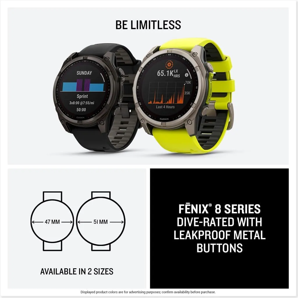 Garmin fēnix® 8 – 47 mm, Solar, Sapphire, Premium Multisport GPS Smartwatch, Long-Lasting Battery Life, Dive-Rated, Built-in LED Flashlight, Titanium with Amp Yellow/Graphite Band