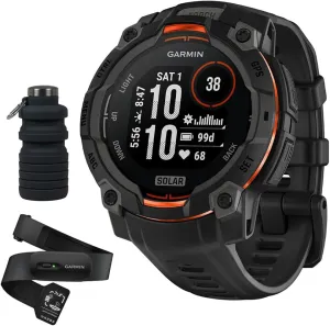 Garmin Instinct 3-45 mm Outdoor GPS Smartwatch, Solar, Black with Black Band with HRM 200 Heart Rate Monitor Strap (XS-S) Bundle with Deco Essentials Collapsable Water Bottle