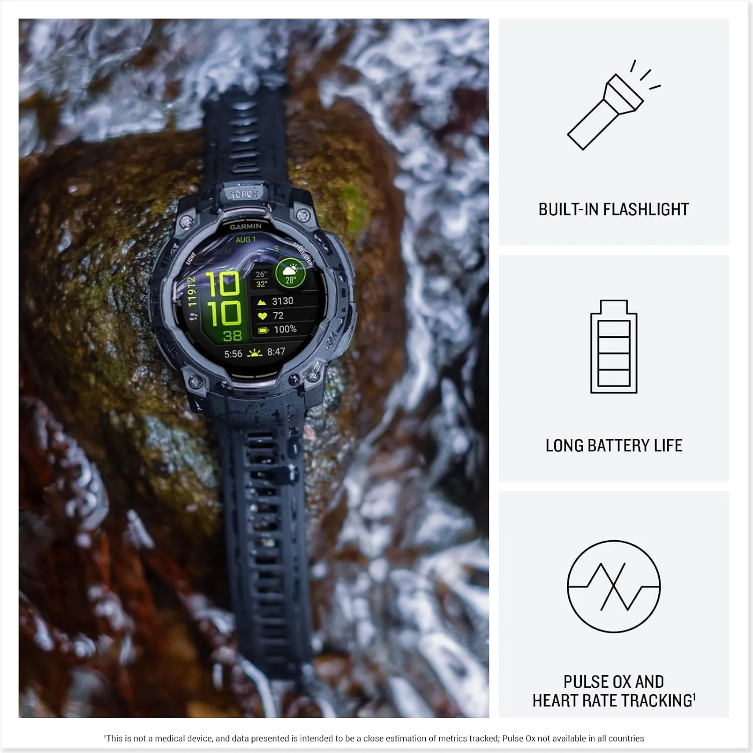 Garmin Instinct® 3 45mm, AMOLED Display, Rugged Outdoor GPS Smartwatch, Metal-Reinforced Bezel, Built-in Flashlight, Up to 18 Days of Battery Life, Black