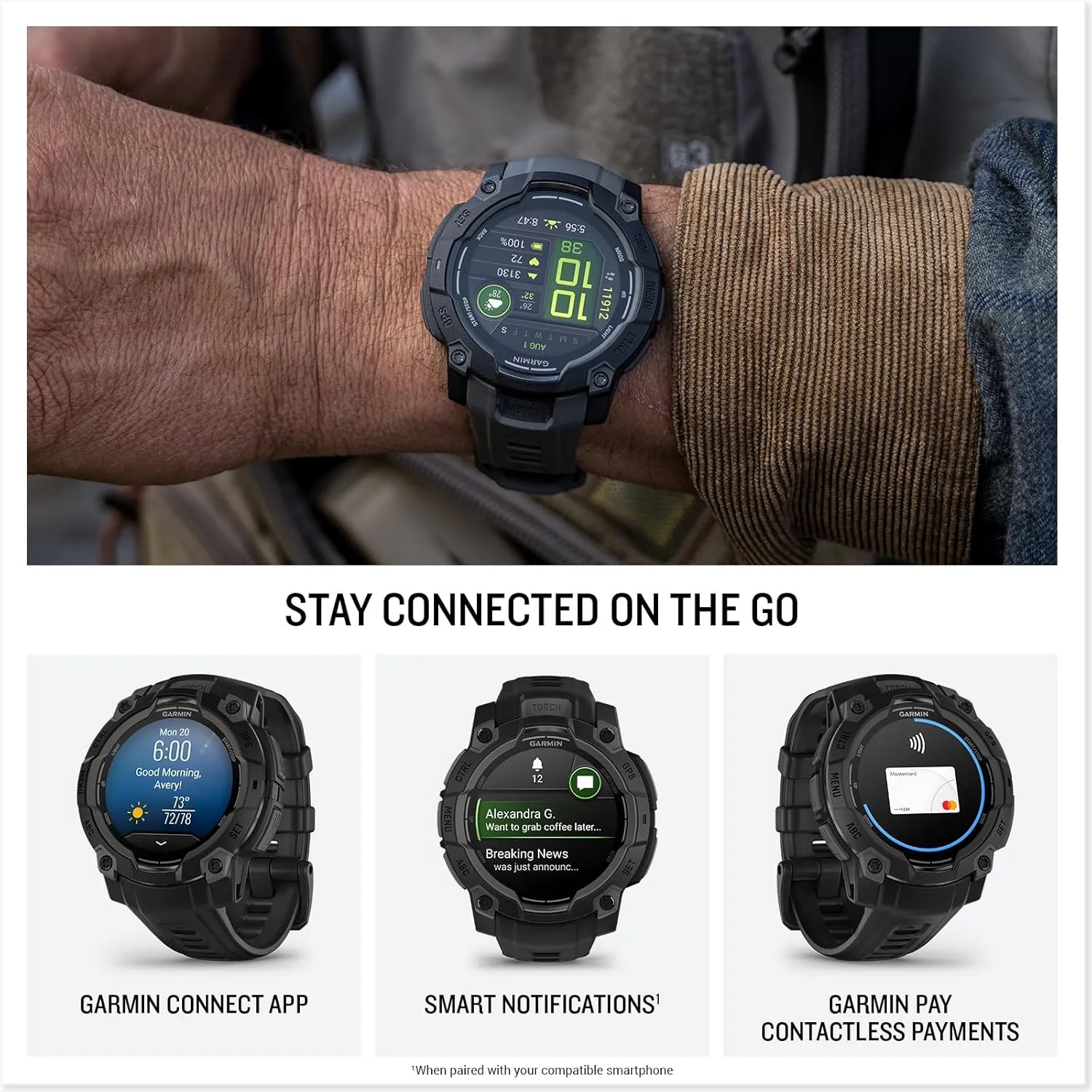 Garmin Instinct® 3 45mm, AMOLED Display, Rugged Outdoor GPS Smartwatch, Metal-Reinforced Bezel, Built-in Flashlight, Up to 18 Days of Battery Life, Black