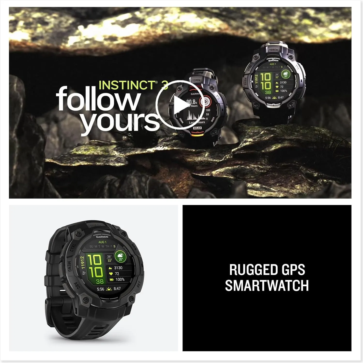 Garmin Instinct® 3 45mm, AMOLED Display, Rugged Outdoor GPS Smartwatch, Metal-Reinforced Bezel, Built-in Flashlight, Up to 18 Days of Battery Life, Black