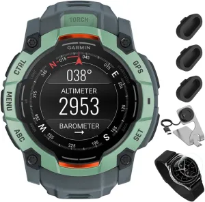 Garmin Instinct 3 50 mm Outdoor GPS Smartwatch, AMOLED Neo Tropic w/Twilight Band Bundle with Deco Essentials Charging Dock for Venu 3   Silicone Dust Cover   Round Tempered Glass Screen Protector