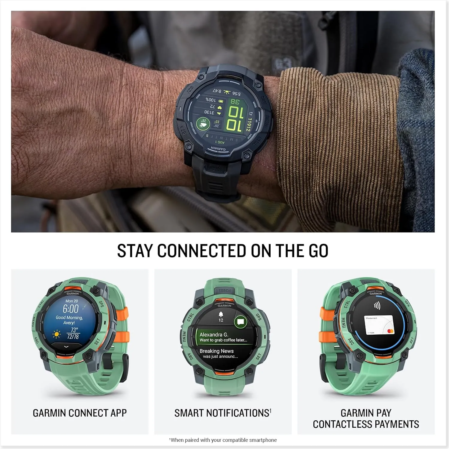 Garmin Instinct 3 Advanced GPS Adventure Watch, Neo Tropic with Twilight Band | 50mm AMOLED Display | Wrist Based Heart Rate Monitor, Up to 24 Days of Battery Life with Signature Stand Power Bundle