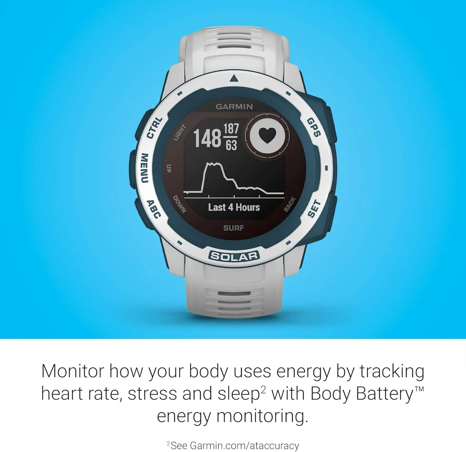 Garmin Instinct Solar Surf, Rugged Outdoor Smartwatch with Solar Charging Capabilities, Tide Data and Dedicated Surfing Activity, Cloudbreak