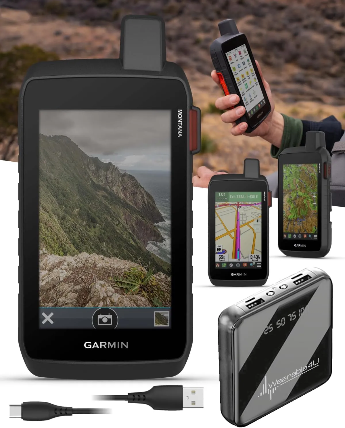 Garmin Montana 760i, Rugged GPS Handheld Navigator 5” Touchscreen w/Built-in inReach Technology for SOS and 2-way Texts in Remote Areas, 8MP Camera, Satellite Imagery & Maps w/ Wearable4U PBank Bundle