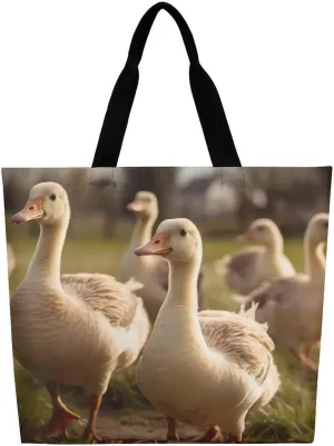 Geese Walking on The Grass Tote Bag Large Women Casual Shoulder Bag Reusable Grocery Bag Fasion Handbag for Office Shopping Travel